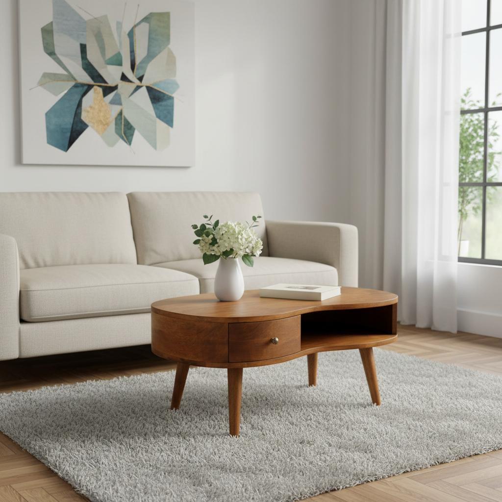 657343 32 in. Solid Wood Free Form Coffee Table with Drawer & Shelf - Chestnut