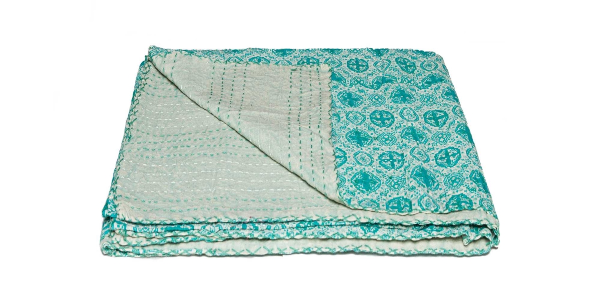 Home Roots Beddings 328231 Kantha Cotton Throw, Hues Of Light Blue & Gray - 50 X 70 In.
