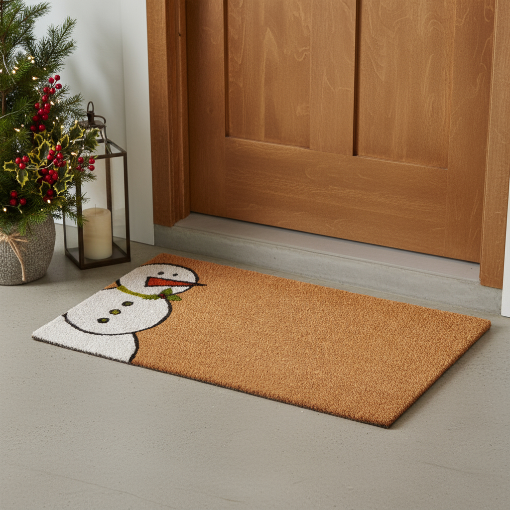 654429 17 x 29 in. Brown, White & Red Christmas Snowman Outdoor Coir Door Mat