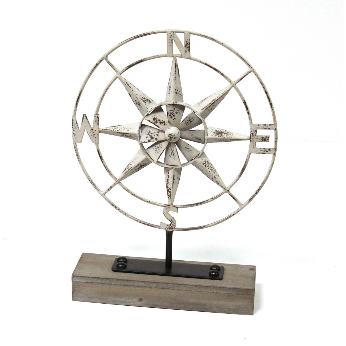 Home Roots Beddings 329363 Metal Table Top Compass, Distressed White & Wood