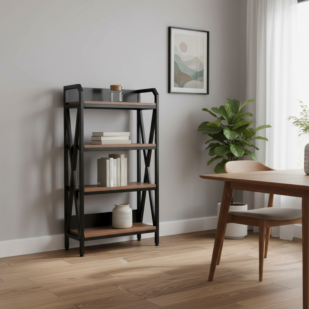 683395 56.30 x 33.50 x 15.80 in. Black & Brown Metal & Wood 4-Tier Etagere Bookcase