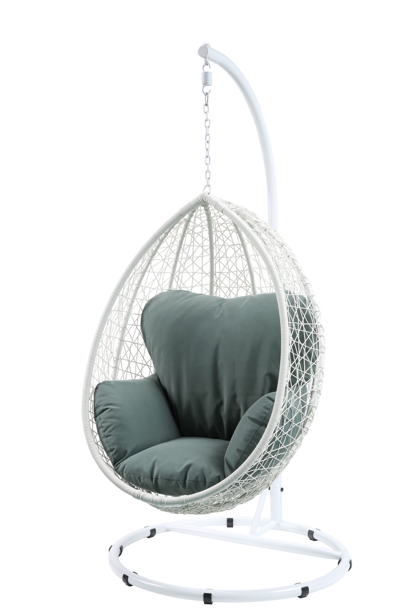 Home Roots 318801 Patio Swing Chair With Stand - Synthetic Wicker, Steel, Polyester & Foam, Green Fabric & White Wicker