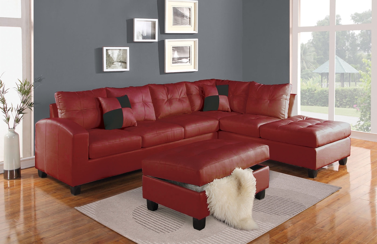 Home Roots 285637 Sectional Sofa With 2 Pillows - Bonded Leather & Pu, Red Bonded Leather Match