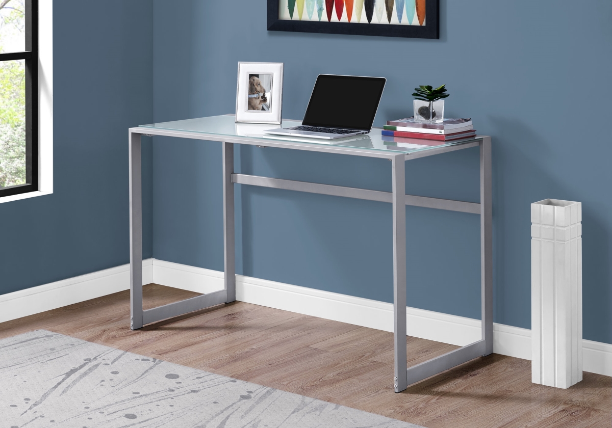 333497 30 In. Silver Metal & White Tempered Glass Computer Desk