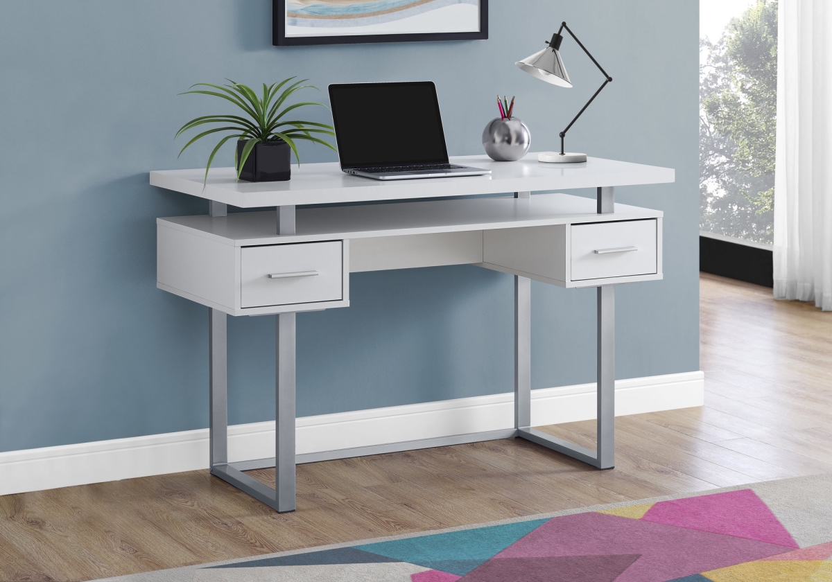 333499 31 In. White Particle Board & Silver Metal Computer Desk With A Hollow Core