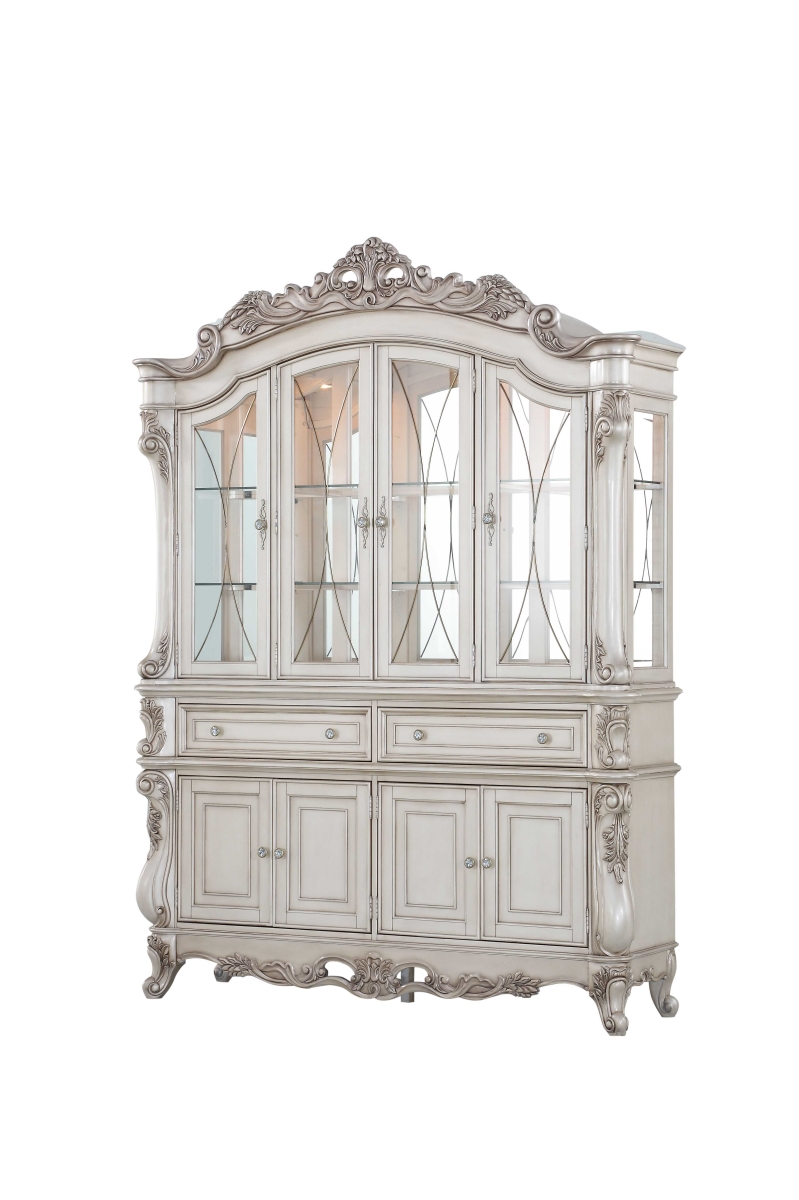 348654 24 X 75 X 106 In. Antique White Wood Glass Mirror Hutch & Buffet