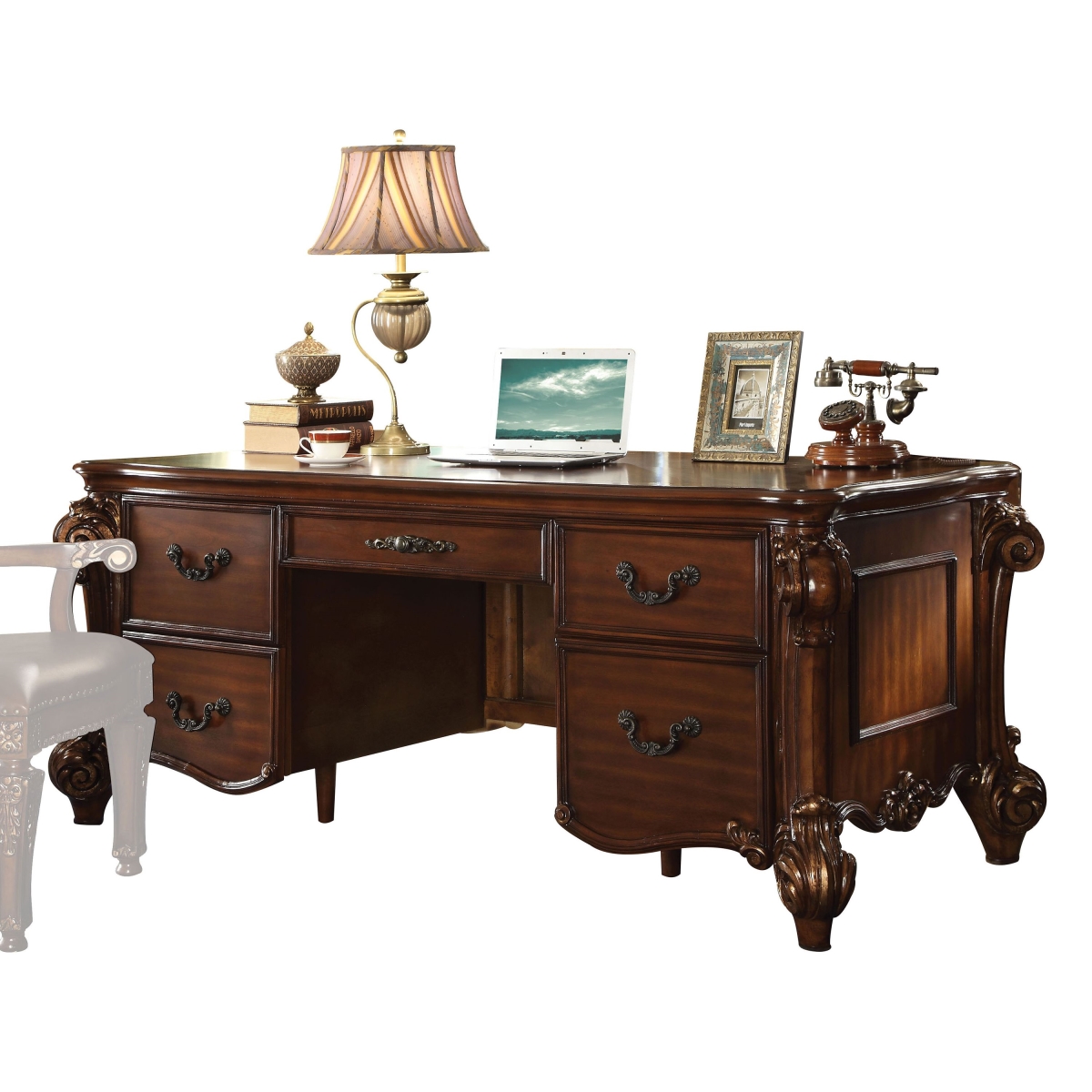 348663 37 X 74 X 31 In. Cherry Wood Poly Resin Executive Desk