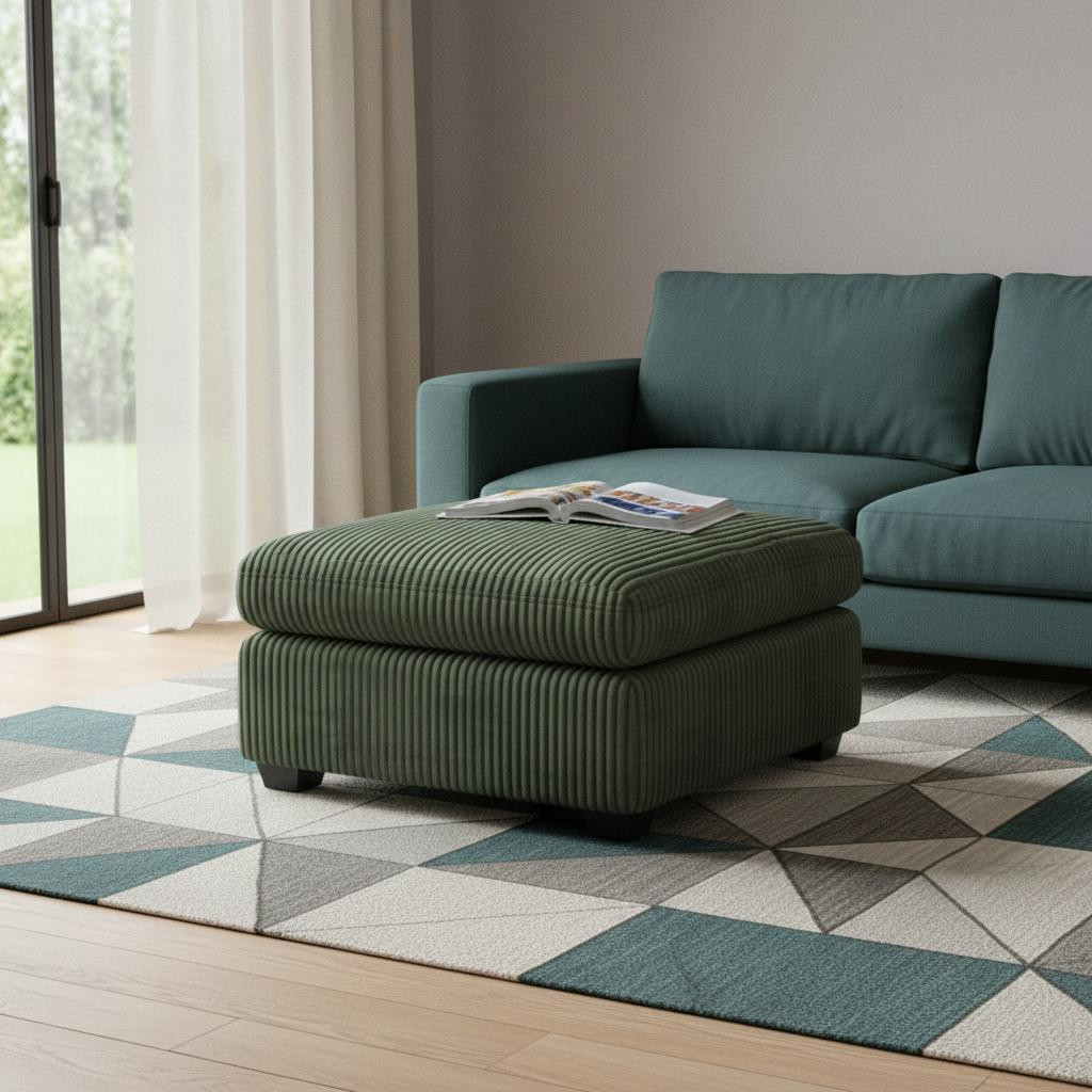 714381 32 in. Corduroy Solid Wood Square Ottoman, Green & Black