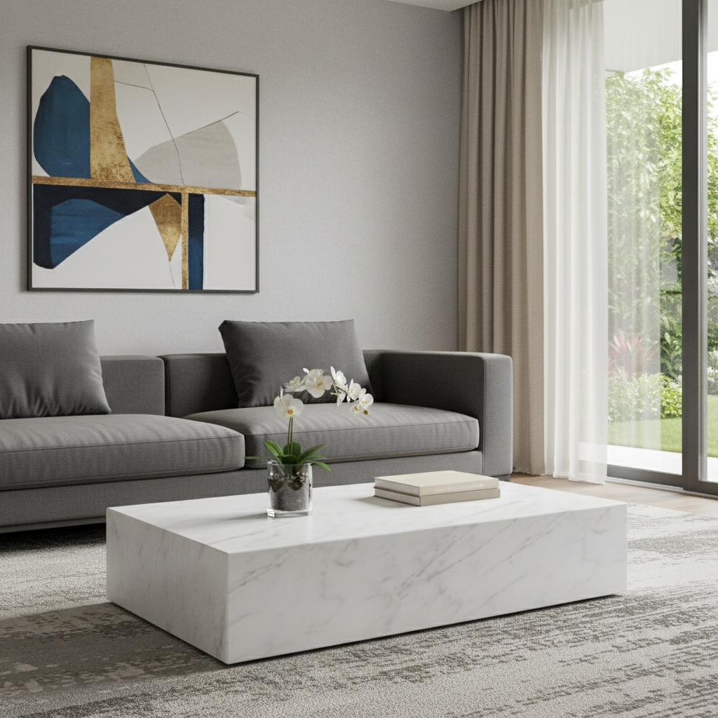 714506 55 in. White Genuine Marble Block Coffee Table
