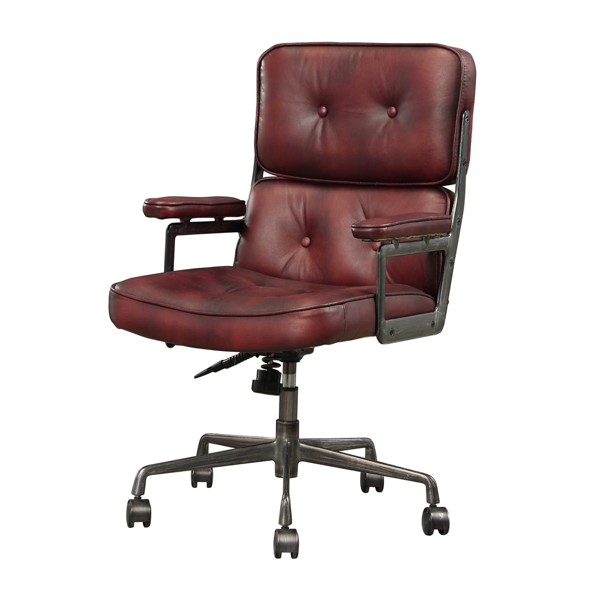 351890 Faux Leather Upholstered Metal Swivel Executive Chair With Armrest, Red & Gray