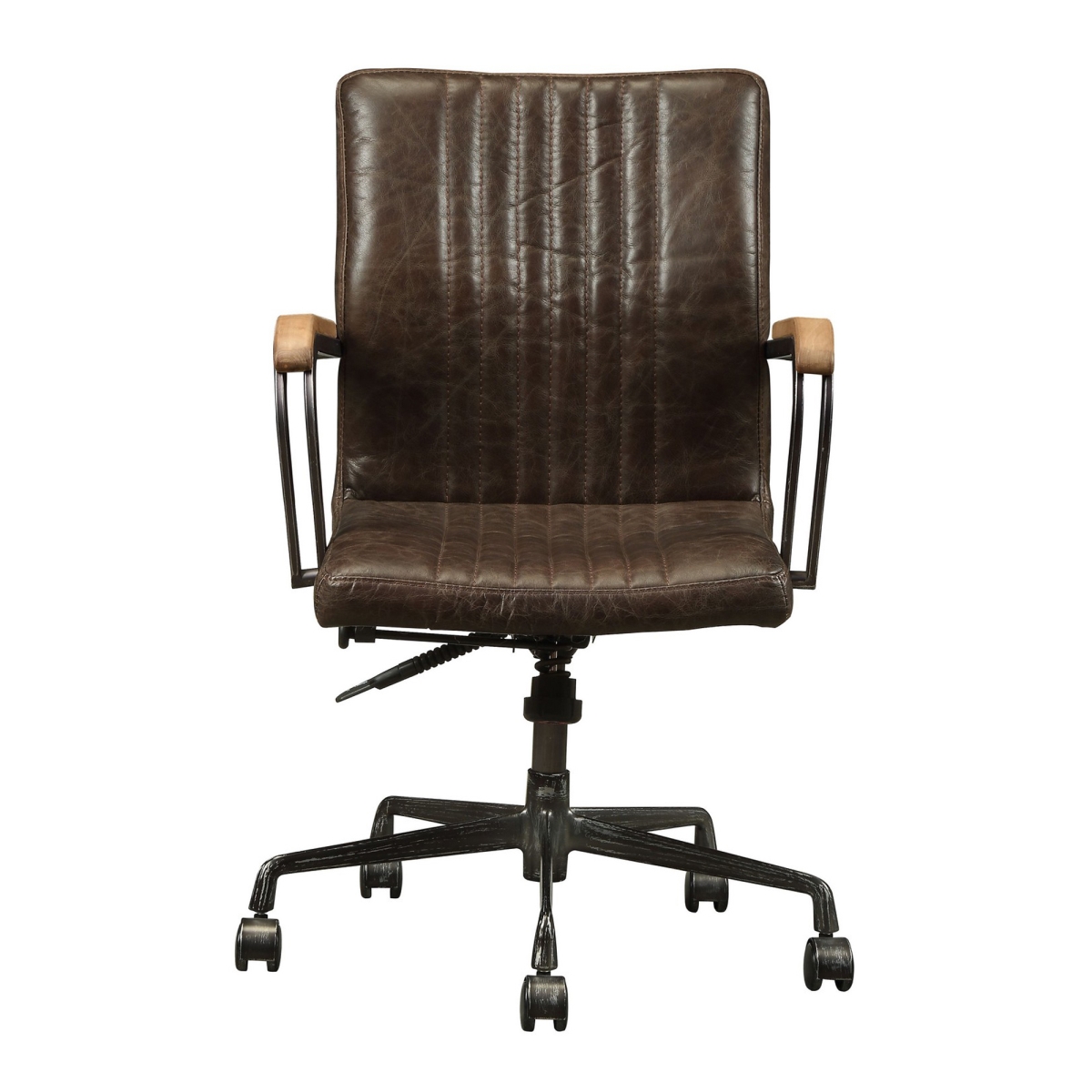351889 Leatherette Upholstered Metal Swivel Executive Chair With Curved Wooden Armrest, Brown & Black