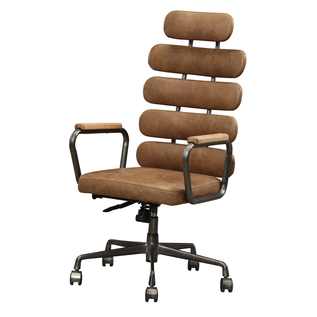 351886 Leatherette Metal Swivel Executive Chair With Five Horizontal Panels Backrest, Brown
