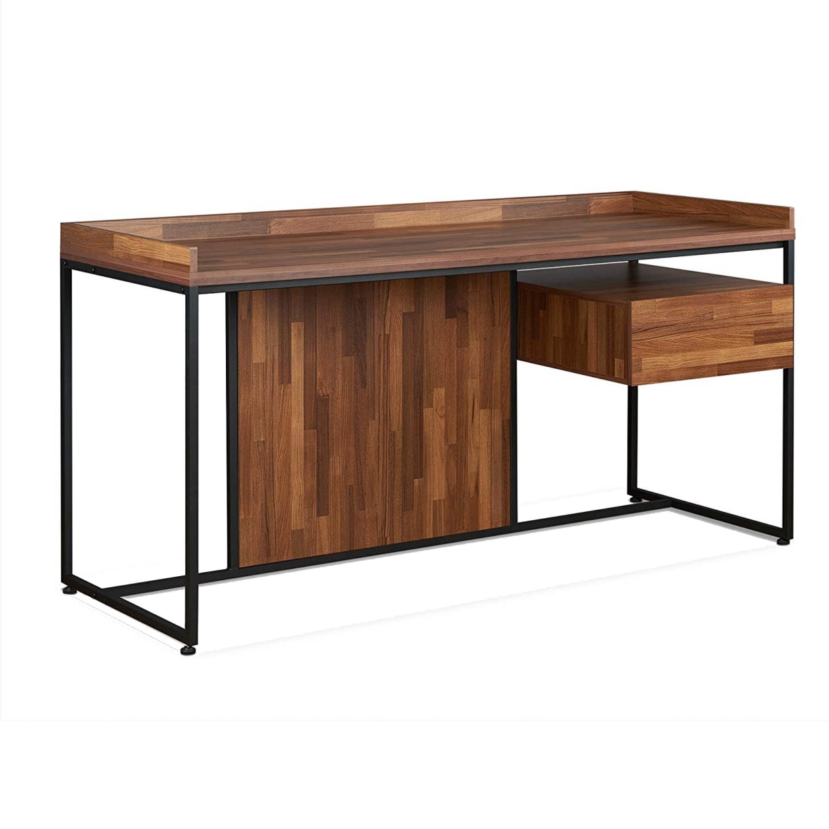351951 Wooden Top Desk With Rectangular Metal Frame, Walnut Brown & Sandy Black