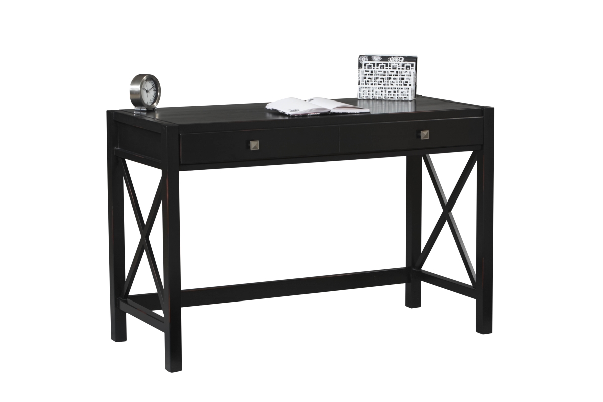 351578 Wooden Writing Desk With Two Drawers & Cross Sides Design, Black