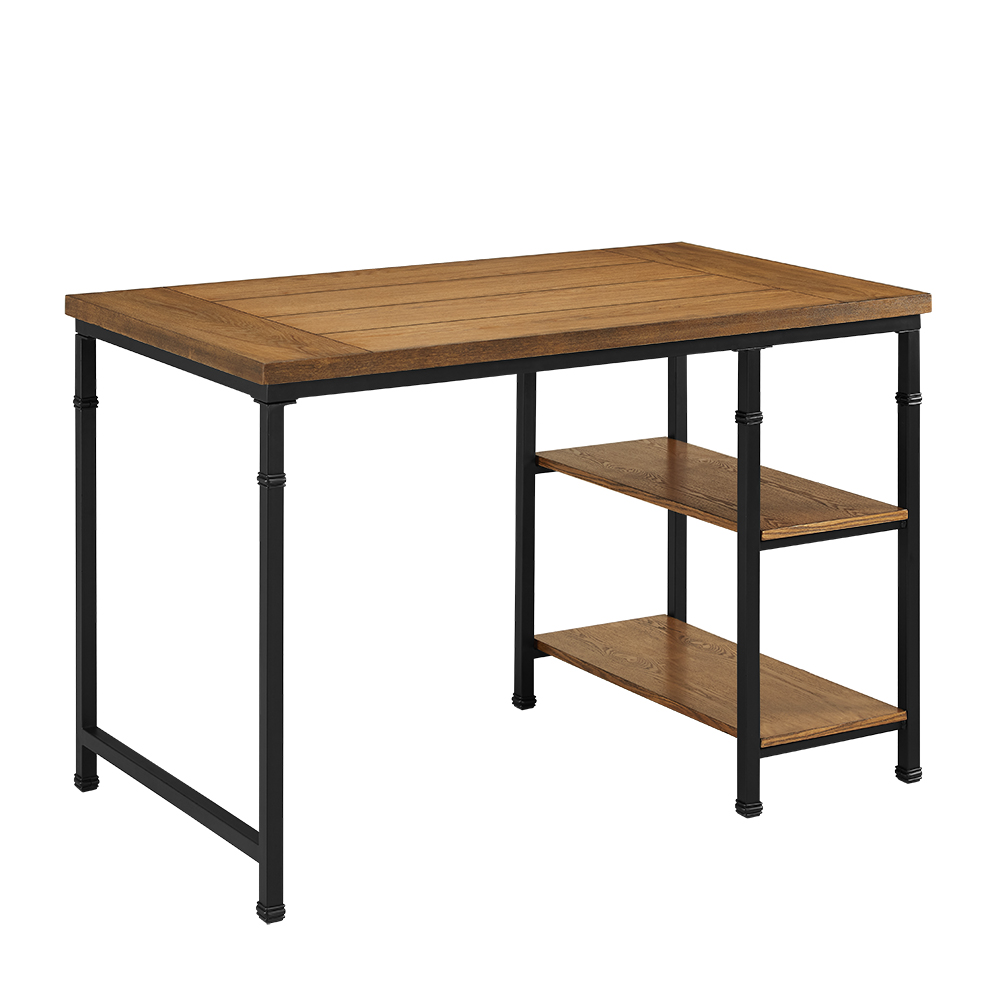 351602 Wooden Desk With Two Open Shelves & Metal Legs, Brown & Black