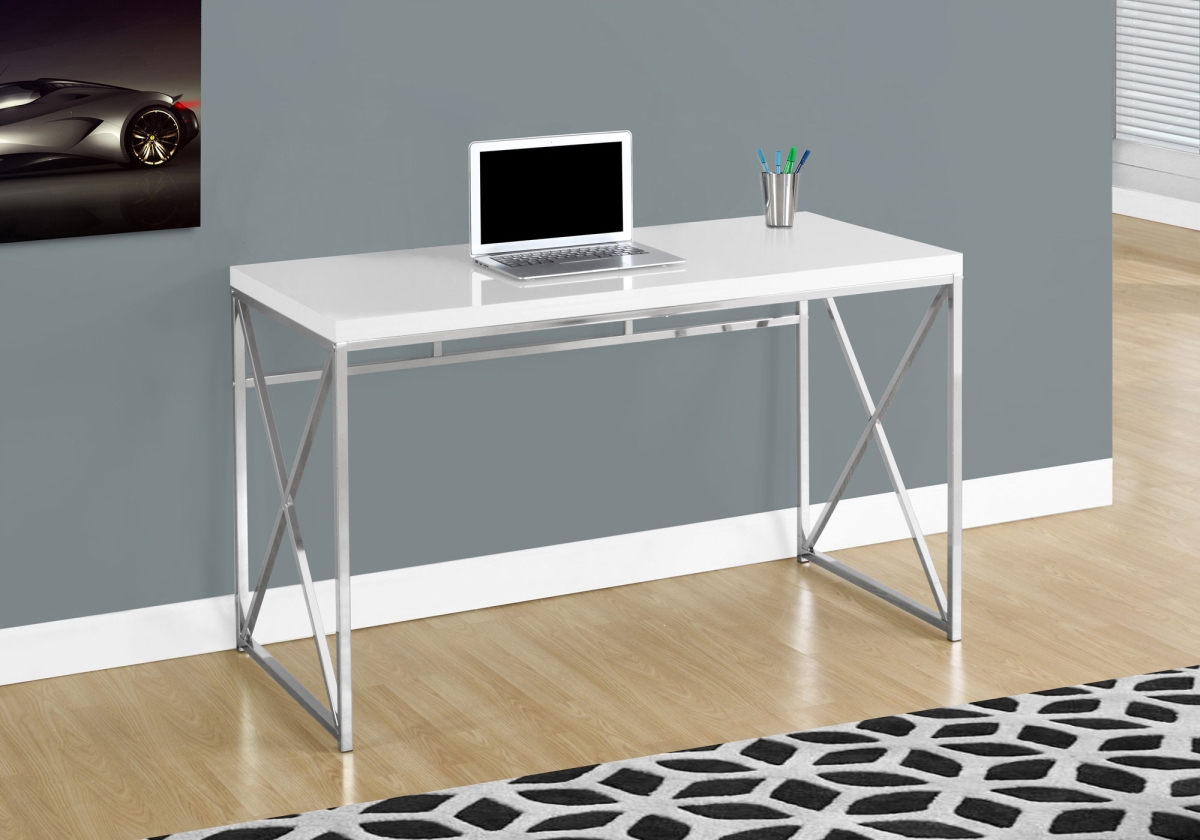 333408 29.75 In. Glossy White Particle Board & Chrome Metal Computer Desk