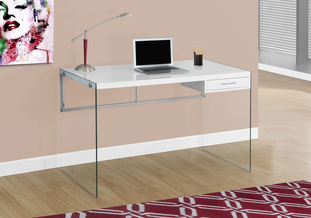 333411 30 In. Glossy White Particle Board & Clear Tempered Glass Computer Desk