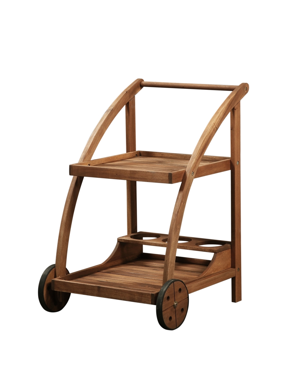 351589 2 Shelf Wooden Trolley With Caster Wheels & Bottle Holders, Brown