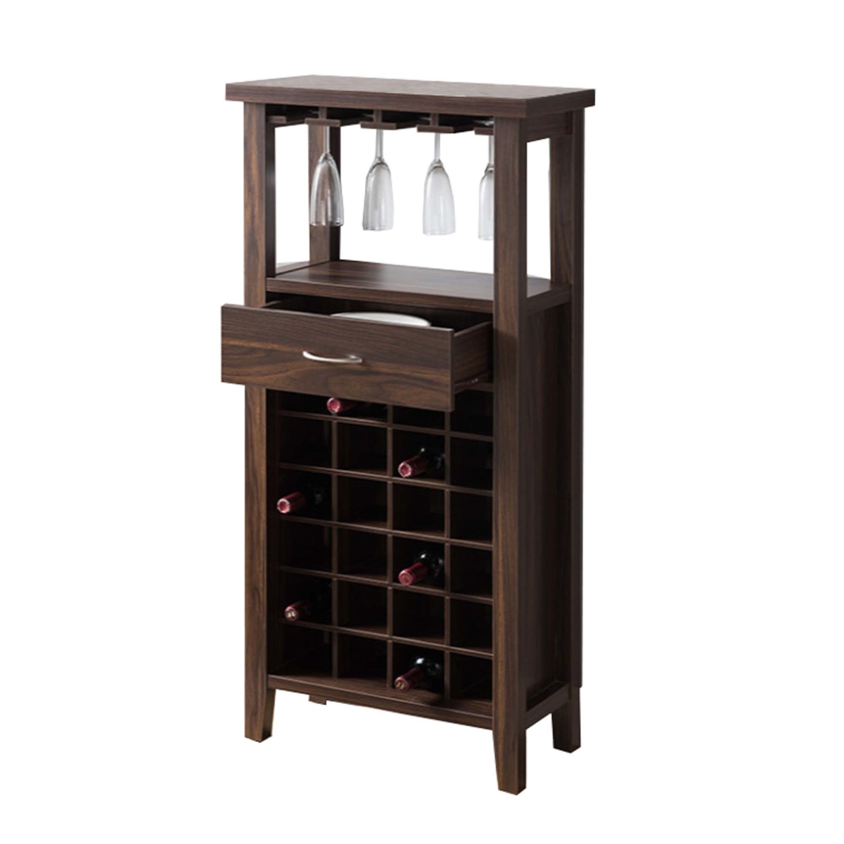 352103 Wooden Wine Cabinet With One Drawer & Wine Compartment, Walnut Brown