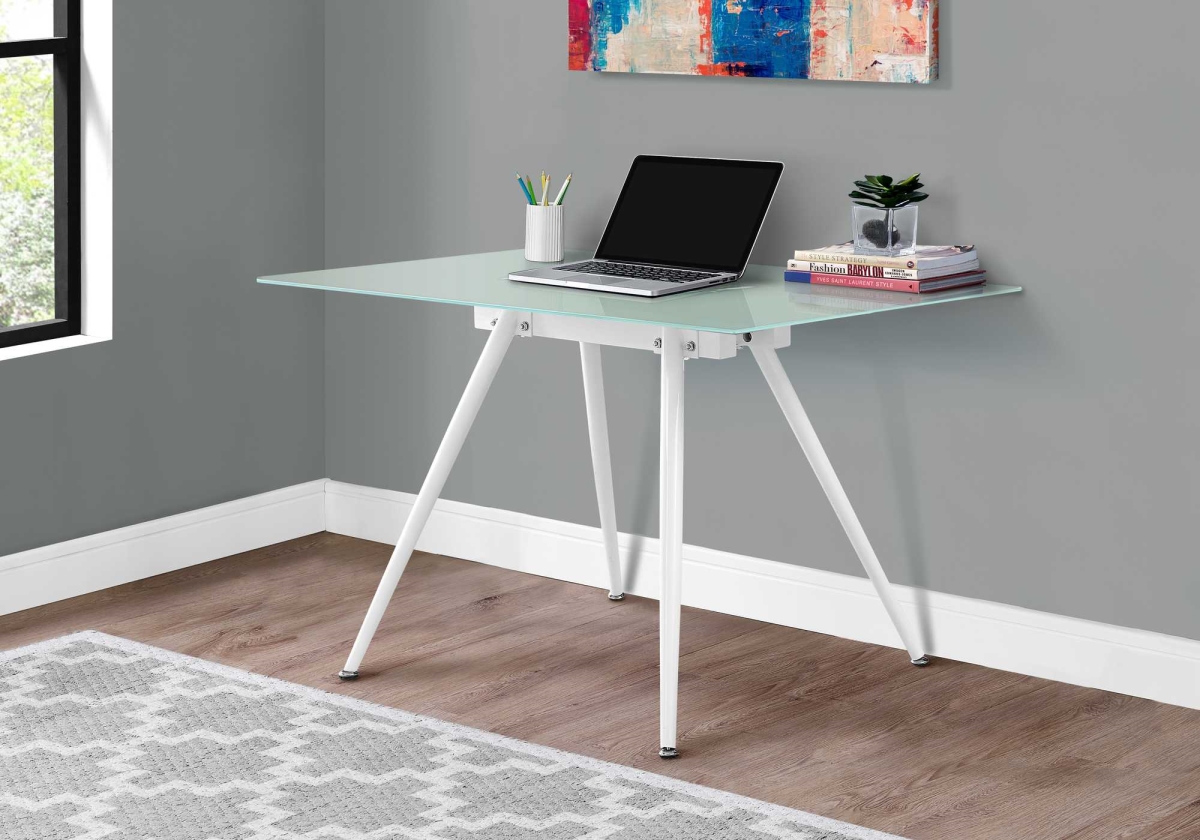 332574 29.25 In. White Metal & 8mm Tempered Glass Computer Desk