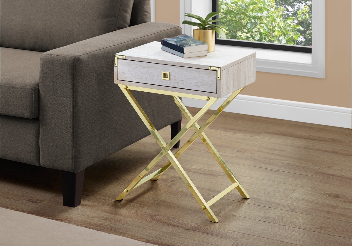 333260 24 In. Beige Marble Particle Board, Mdf & Gold Metal Accent Table