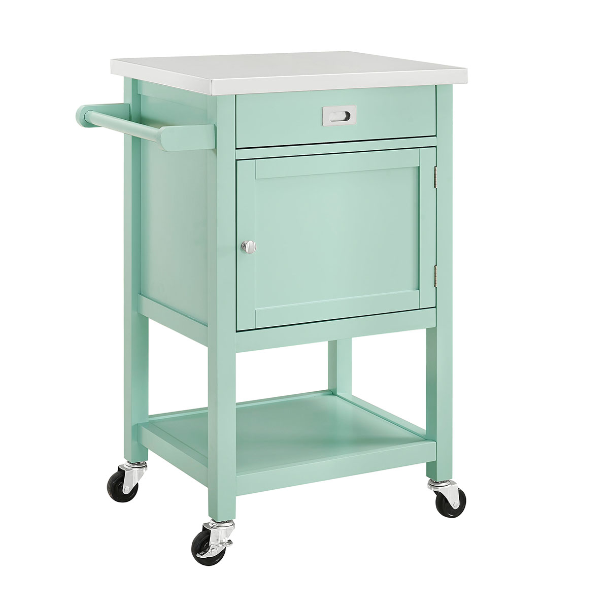 352241 Wooden Apartment Cart With Drawer & Caster Wheels, Green & Silver