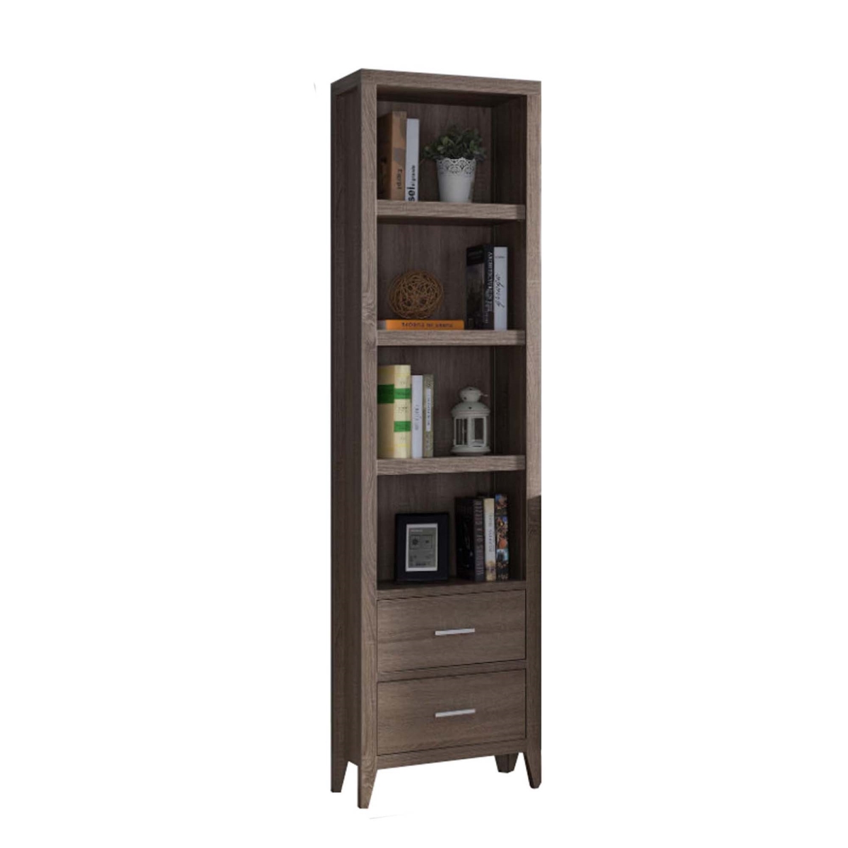 352278 Wooden Media Tower With Four Open Shelves & Two Drawers, Dark Taupe Brown