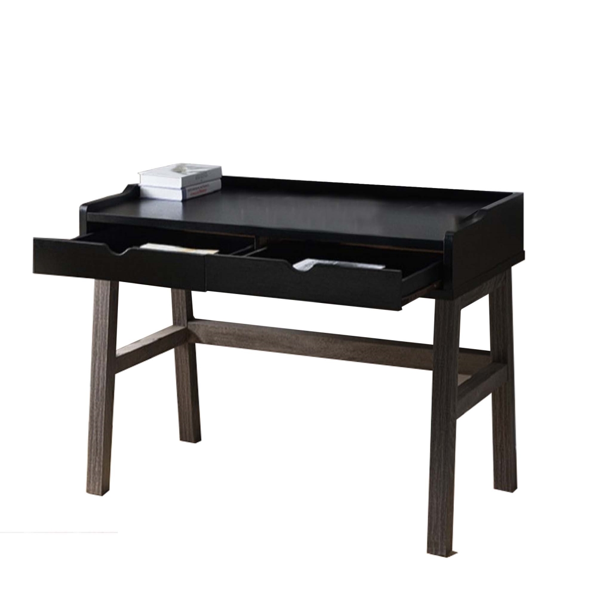352133 Dual Toned Wooden Desk With Two Sleek Drawers & Slightly Splayed Legs, Gray & Black