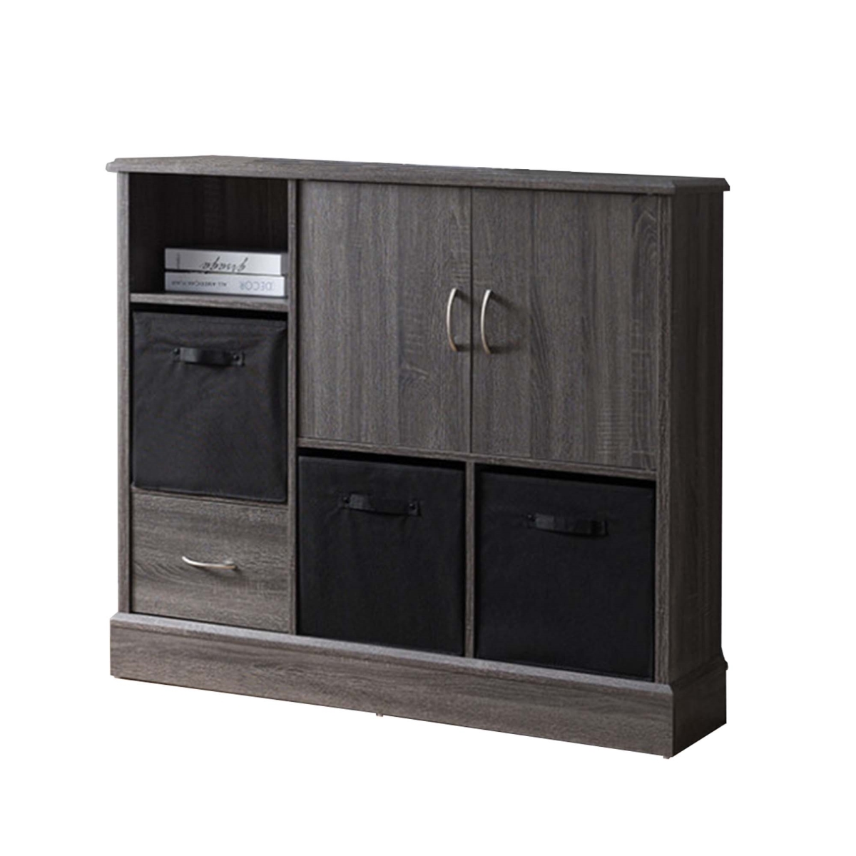 352142 Wooden Storage Cabinet With One Drawer & Open Shelf, Gray & Black