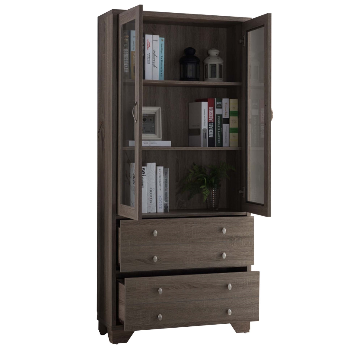 352143 Two Drawers Wooden Book Cabinet With Three Interior Shelves, Taupe Brown