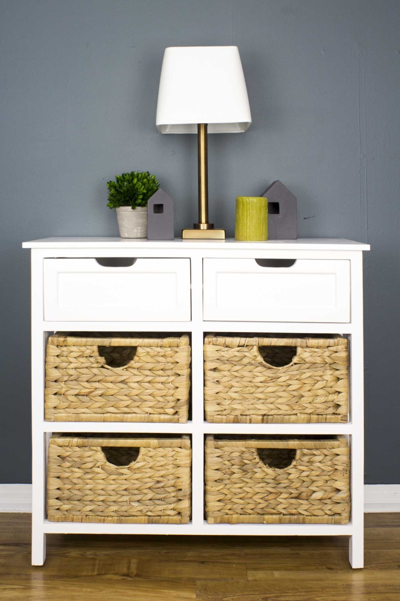 354554 30 X 13 X 28 In. White Wood Mdf Water Hyacinth 2-drawer & 4-basket Accent Cabinet
