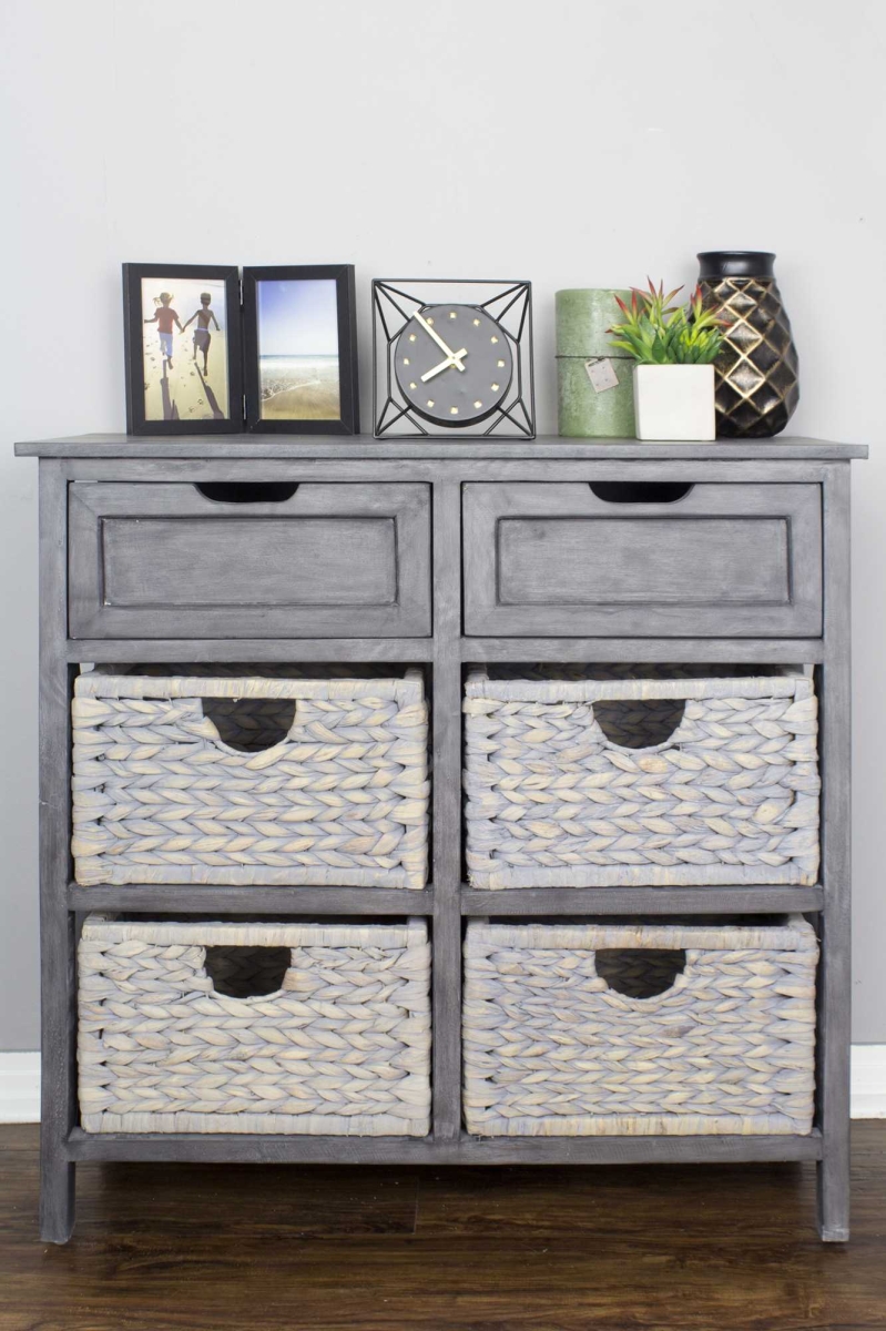 354553 30 X 13 X 28 In. Grey Wood Mdf Water Hyacinth 2-drawer & 4-basket Accent Cabinet