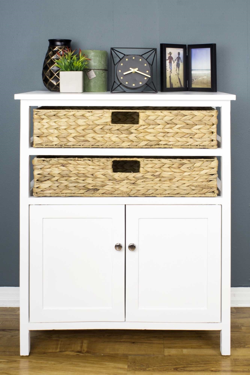 354552 27 X 15 X 32 In. White Wood Mdf Water Hyacinth 2-basket & 2-door Accent Cabinet