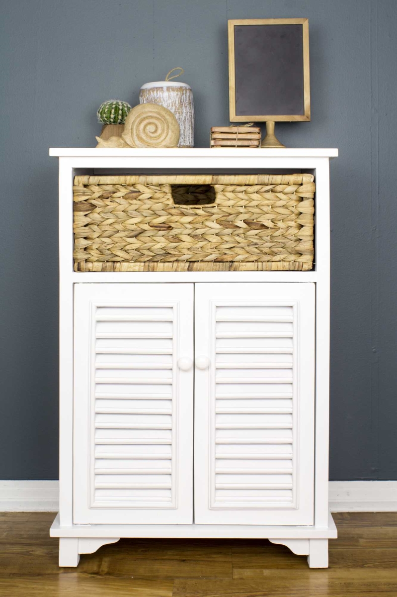 354550 22 X 14 X 32 In. White Wood Mdf Water Hyacinth 1-basket & 2-door Accent Cabinet