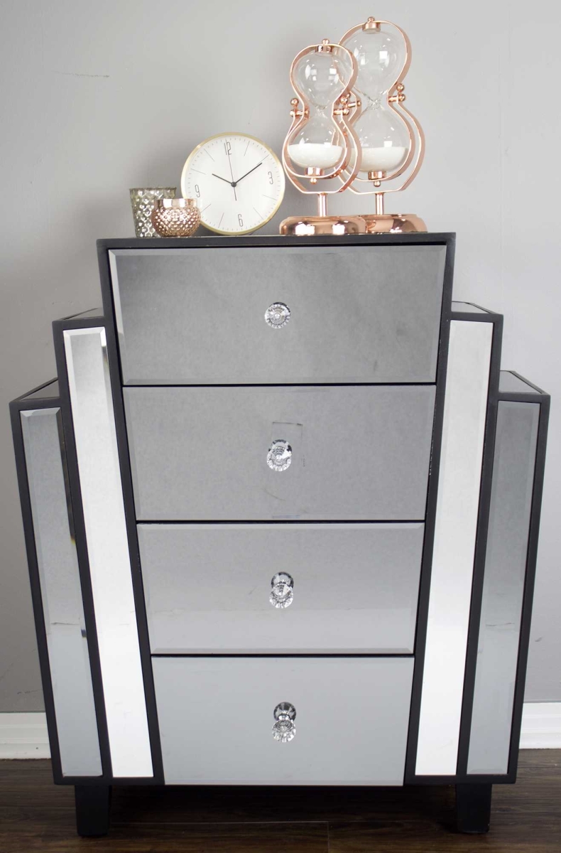 328704 32 In. Grey Mdf, Wood & Mirrored Glass Accent Cabinet With 4 Drawers