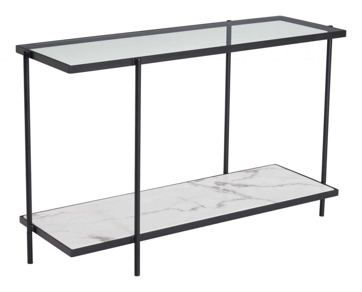 364438 Clear White & Matte Black Tempered Glass, Marble & Steel Console Table - 46.1 X 15 X 29.9 In.