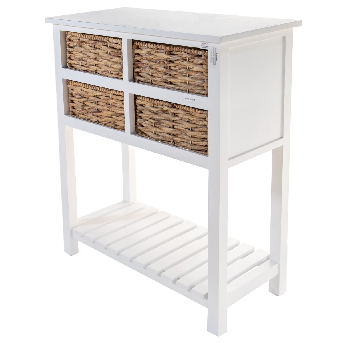 Home Roots 383039 White Wooden Accent Table With 4 Basket Weave Drawers & Bottom Shelf