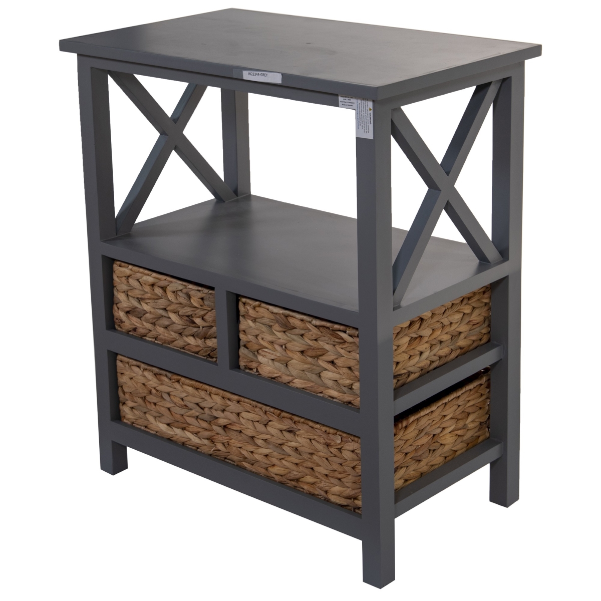 Home Roots 383042 Gray Wooden Accent Table With 3 Basket Weave Drawers & Top Shelf Area