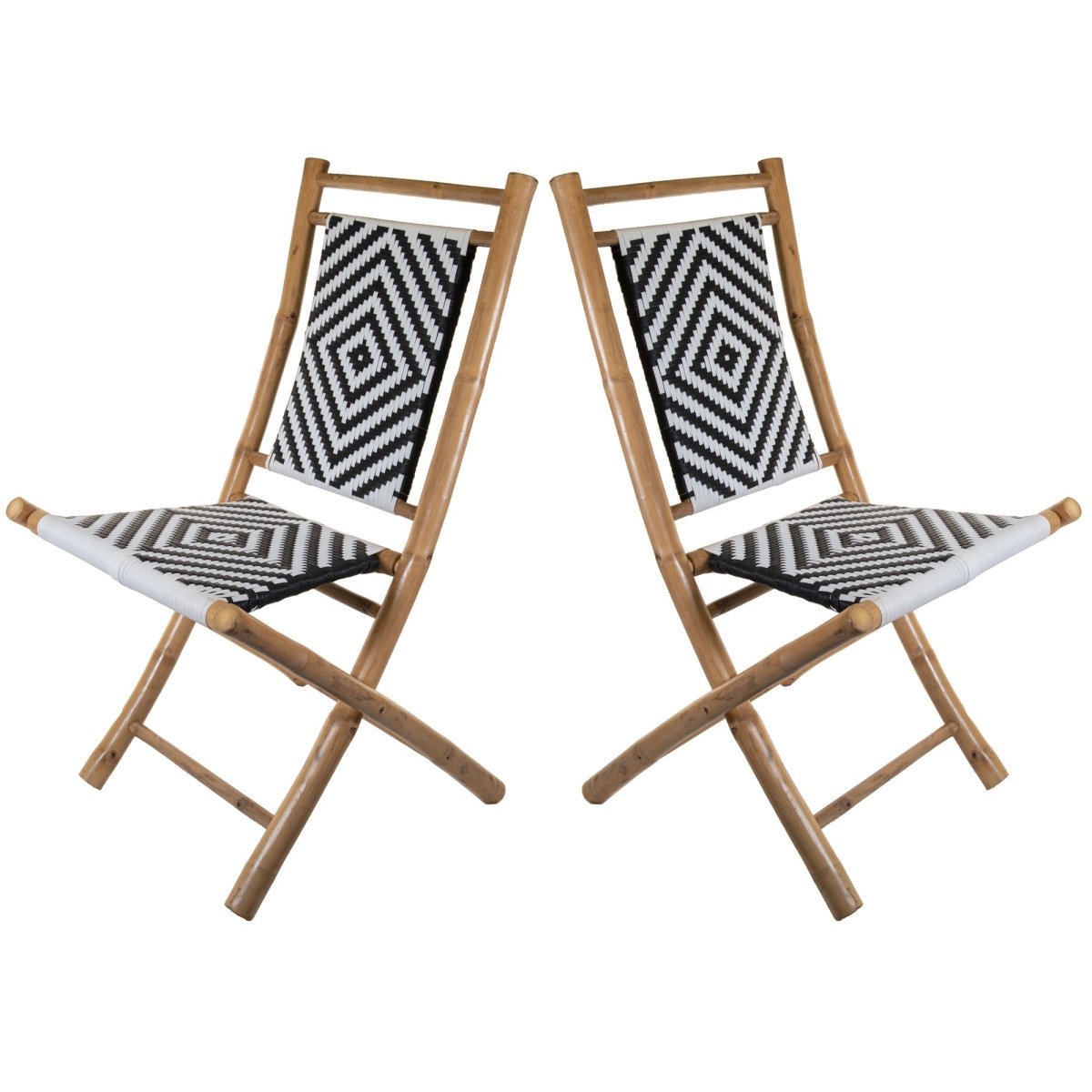 Home Roots 383048 Foldable Armless Chairs In Solid Bamboo Frame With Black & White Woven Seat, Set Of 2