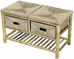 Home Roots 383050 Rectangular Bench Bamboo Frame With 2 Basket Weave Drawers & Bottom Shelf, Brown