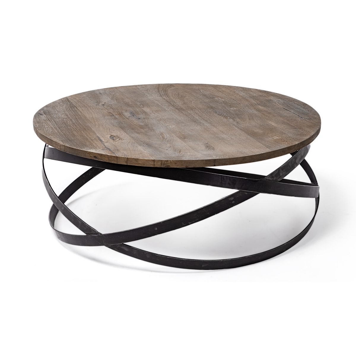 40.5 in. Round Solid Wood Top Black Metal Base Coffee Table