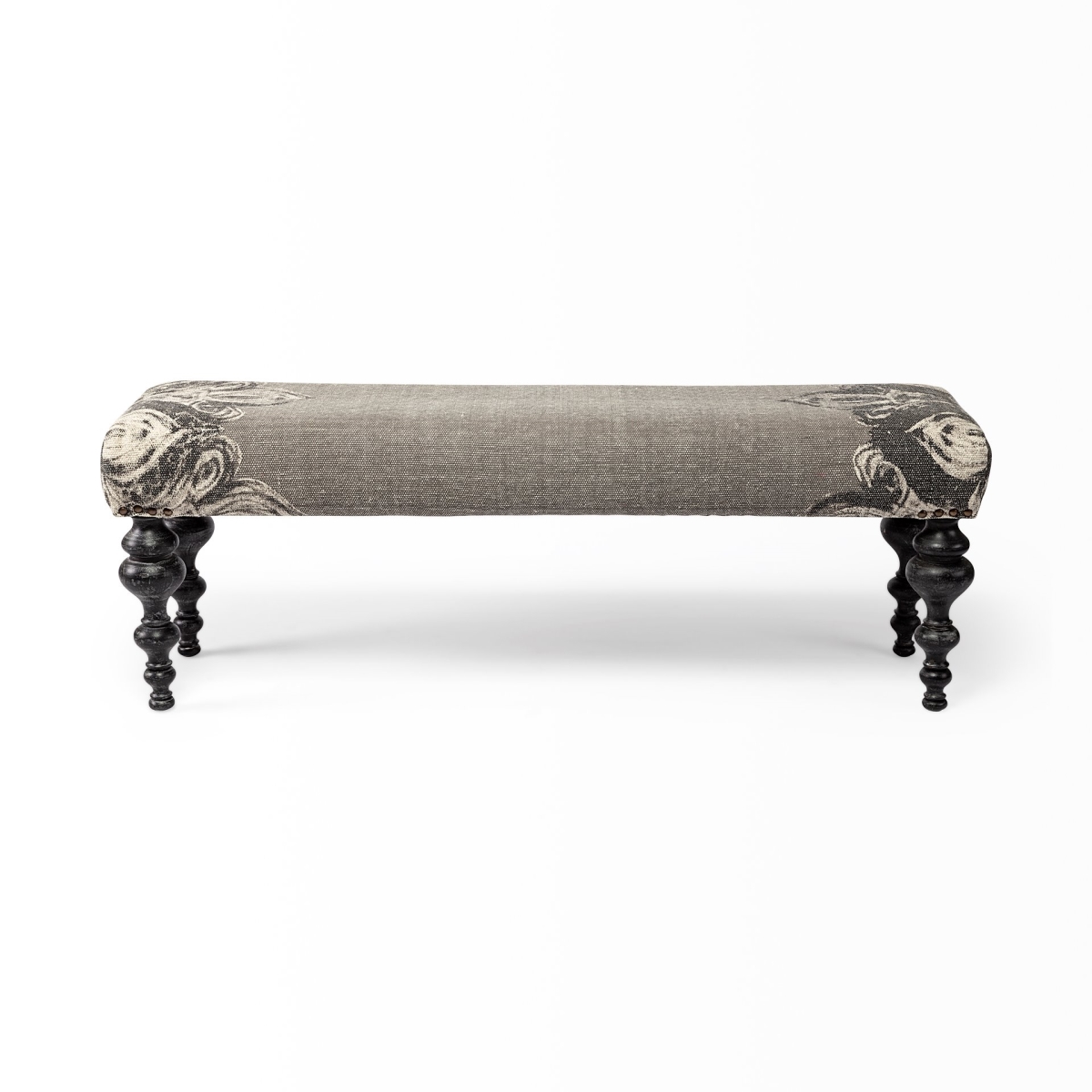 376181 Rectangular Dark Wood & Gray Floral Accent Bench