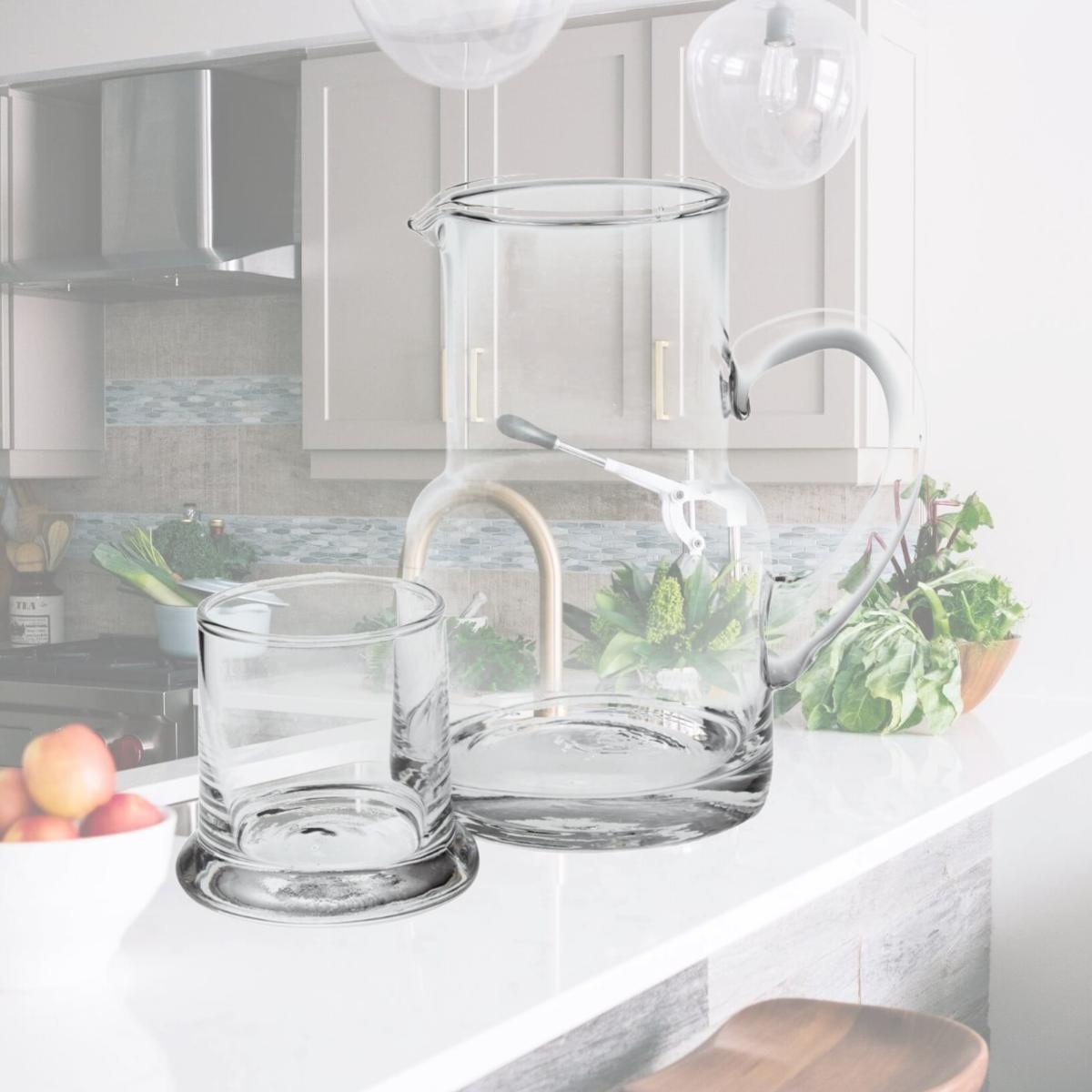 Picture of HomeRoots 375883 4 x 6 x 7 in. Clear Glass 2 Piece Glass Bedside or Desktop Carafe Set, 10 oz