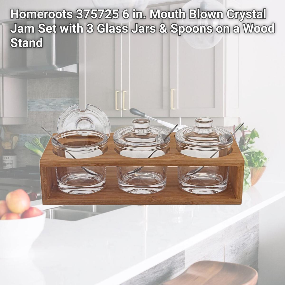Picture of Homeroots 375725 6 in. Mouth Blown Crystal Jam Set with 3 Glass Jars & Spoons on a Wood Stand