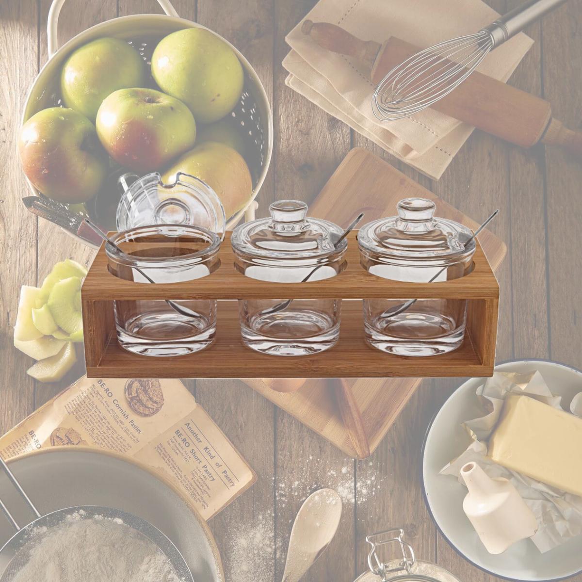 Picture of Homeroots 375725 6 in. Mouth Blown Crystal Jam Set with 3 Glass Jars & Spoons on a Wood Stand