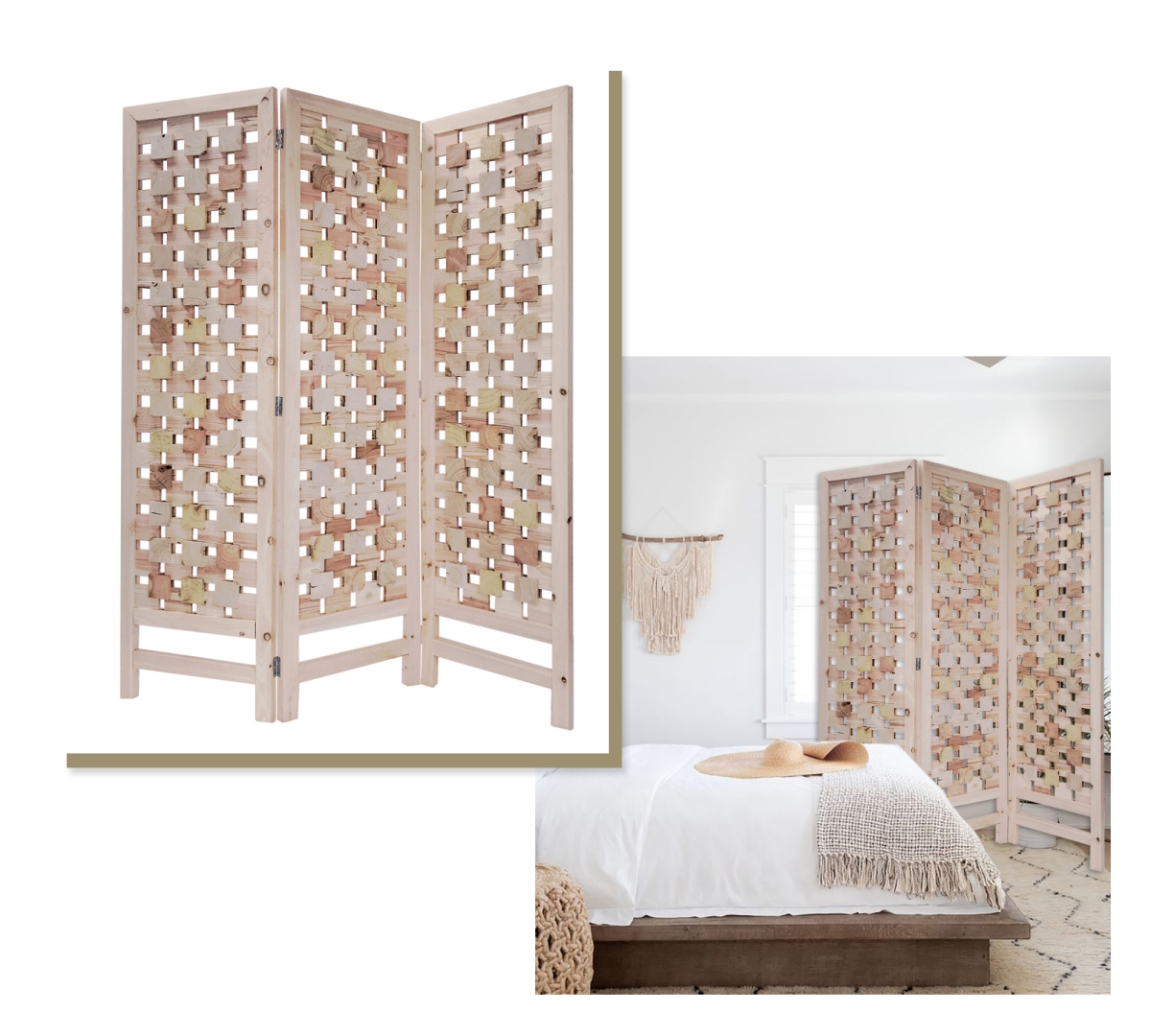 376799 3 Panel Pink Room Divider With Cut Square Wood Design