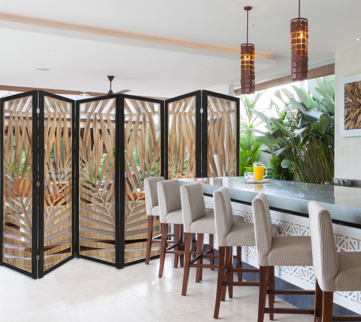 376792 3 Panel Room Divider With Tropical Leaf Design