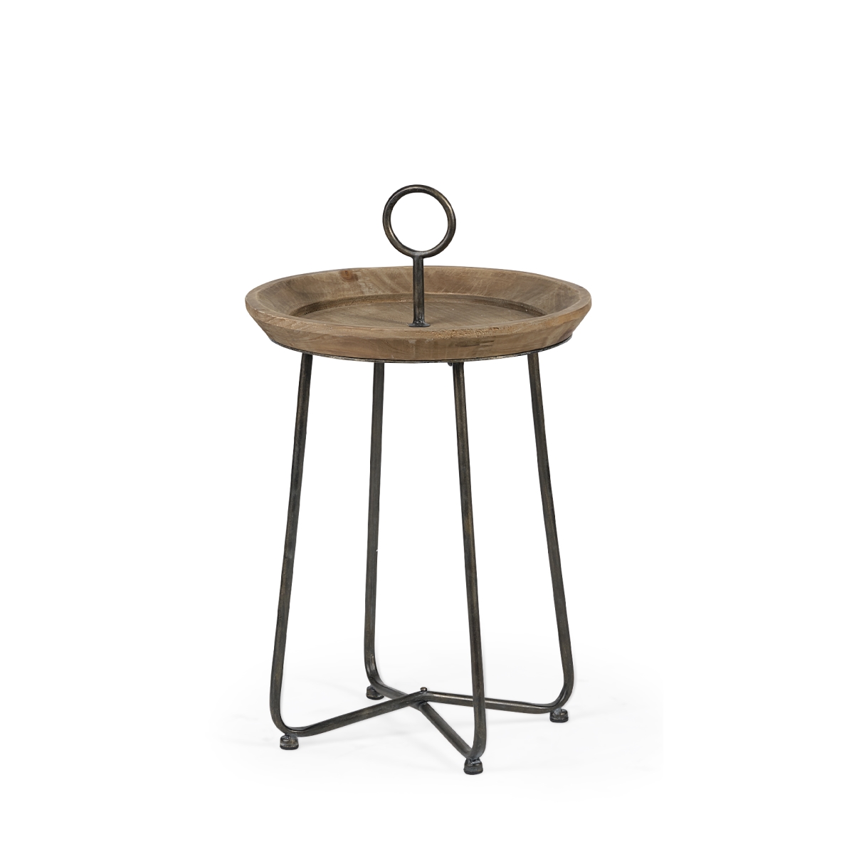 380696 Brown Wood Round Top Accent Table With Black Iron Frame