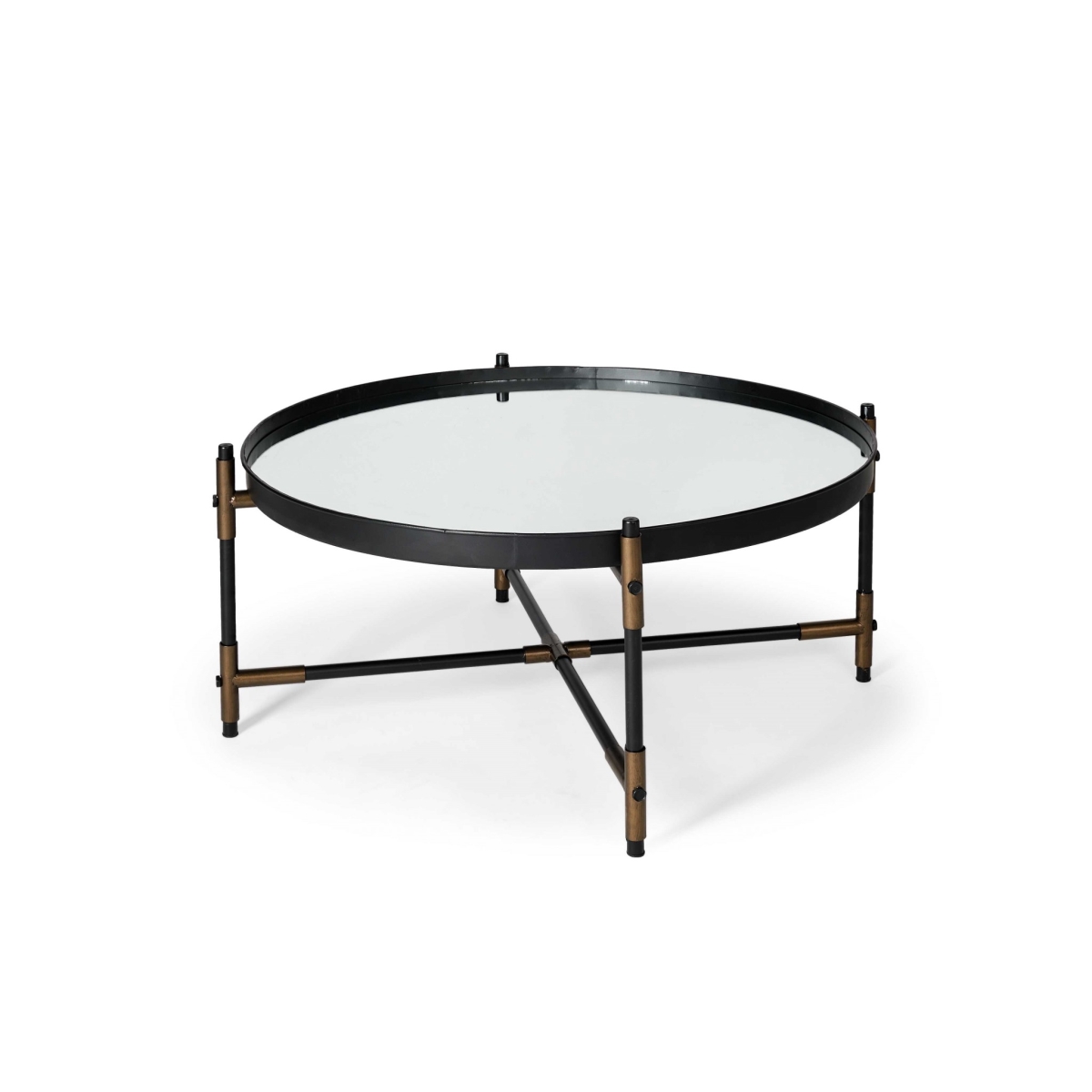 380685 Round Mirrored Top Accent Table With Black & Brass Metal Base
