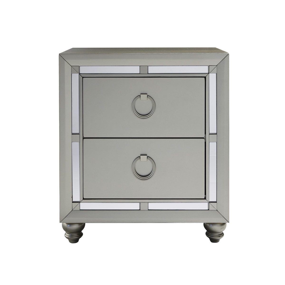Champagne Tone Nightstand with 2 Drawer Mirror Trim Accent, Silver